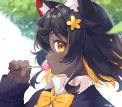 Rule 34 | 1girl, animal ear fluff, animal ears, black hair, blonde hair, blue sweater, bow, candy, close-up, collared shirt, commentary request, dark-skinned female, dark skin, food, hair between eyes, hair ornament, hand up, highres, holding, holding candy, holding food, holding lollipop, lollipop, long hair, long sleeves, looking at viewer, looking to the side, multicolored hair, original, outdoors, portrait, sakura chiyo (konachi000), shirt, sidelocks, signature, solo, streaked hair, sweater, virtual youtuber, yellow bow, yellow eyes