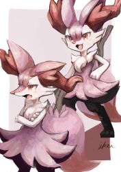 Rule 34 | 1girl, :3, alternate color, animal ears, animal feet, animal nose, arm at side, artist name, black fur, blush, body fur, border, braixen, creatures (company), crossed arms, fang, female focus, flat chest, fox ears, fox girl, fox tail, furry, furry female, game freak, gen 6 pokemon, hand on own hip, happy, highres, ikei, looking at viewer, looking to the side, multicolored fur, multiple views, neck fur, nintendo, open mouth, outside border, pokemon, pokemon (creature), purple background, purple fur, red eyes, shiny pokemon, signature, simple background, skin fang, smile, snout, standing, stick, tail, tongue, white border, white fur