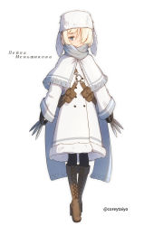 Rule 34 | 1girl, animal ears, animal hands, between fingers, black gloves, black pantyhose, blonde hair, blue scarf, boots, brown footwear, capelet, coat, commentary request, coreytaiyo, cross-laced footwear, ears down, fake animal ears, frilled capelet, frills, fringe trim, full body, fur-trimmed coat, fur hat, fur trim, gloves, grey eyes, hair over one eye, hat, highres, holding, holding knife, knee boots, knife, lace-up boots, long sleeves, original, pantyhose, russian text, scarf, simple background, sleeves past wrists, solo, standing, translation request, twitter username, white background, white capelet, white coat, white hat