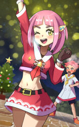 Rule 34 | 1boy, 1girl, ;d, arm up, belt, blush, brown gloves, christmas, christmas tree, commentary request, creatures (company), crispin (pokemon), eyelashes, game freak, gloves, hair ornament, hairclip, hand up, highres, inana umi, lacey (pokemon), midriff, navel, nintendo, one eye closed, open mouth, pink hair, pokemon, pokemon sv, skirt, smile, teeth, tongue, upper teeth only, yellow eyes