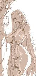 Rule 34 | 1girl, bare shoulders, breast curtains, breasts, bridal gauntlets, cerestia of life, circlet, covered erect nipples, curvy, elf, hair ornament, highres, lantern, large breasts, last origin, long hair, long pointy ears, looking to the side, monochrome, pelvic curtain, pointy ears, sh7 for drawing, standing, thick thighs, thighs, very long hair