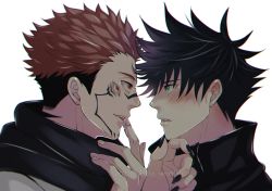 Rule 34 | 2boys, black hair, black jacket, black nails, black scarf, blush, commentary request, extra eyes, eye contact, facial tattoo, finger to another&#039;s mouth, fingernails, fushiguro megumi, grabbing another&#039;s chin, green eyes, hair between eyes, hand on another&#039;s chin, high collar, highres, jacket, jujutsu kaisen, licking, licking finger, looking at another, male focus, multiple boys, nail polish, parted lips, pink hair, red eyes, ryoumen sukuna (jujutsu kaisen), saliva, sato zero915, scarf, sharp teeth, short hair, spiked hair, tattoo, teeth, undercut, white background, yaoi