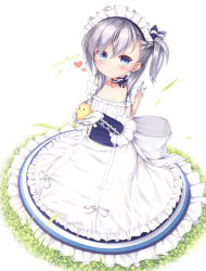 Rule 34 | 1girl, aged down, animal, apron, azur lane, belfast (azur lane), bird, blue bow, blue choker, blue dress, blue eyes, blush, bow, braid, chick, choker, closed mouth, clover, collarbone, commentary request, dress, expressionless, french braid, from above, full body, gloves, grass, hair between eyes, hair bow, heart, holding, holding animal, long hair, looking at viewer, maid headdress, motion blur, nullken, outdoors, petticoat, ribbon, ribbon choker, side ponytail, silver hair, simple background, sitting, sleeveless, sleeveless dress, solo, striped bow, striped ribbon, white apron, white background, white bow, white gloves, wind