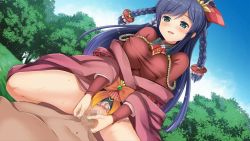 Rule 34 | 1girl, braid, censored, clothed sex, day, dmm, girl on top, girls symphony, half-closed eyes, highres, mosaic censoring, outdoors, penis, sex, smile, solo focus, spread legs, tree, twin braids