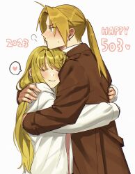 Rule 34 | 1boy, 1girl, puff of air, blonde hair, blush, brown coat, closed eyes, closed mouth, coat, couple, dated, ear blush, earrings, edward elric, fullmetal alchemist, heart, height difference, hetero, highres, hug, jacket, jewelry, long hair, long sleeves, open clothes, ozaki (tsukiko3), parted bangs, pink shirt, ponytail, shirt, sigh, simple background, smile, spoken heart, sweatdrop, upper body, white jacket, winry rockbell, yellow eyes