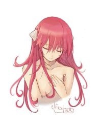 Rule 34 | 00s, 1girl, closed eyes, copyright name, elfen lied, hair between eyes, hand on own chest, hl (spk), horns, long hair, lucy (elfen lied), nude, red hair, simple background, solo, upper body, white background