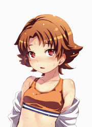 Rule 34 | 00s, 1girl, blush, brown hair, eyelashes, looking at viewer, natsuki rin, open clothes, open mouth, open shirt, parted lips, precure, red eyes, shiny skin, shirt, short hair, simple background, solo, sports bra, sweat, tasaka shinnosuke, undressing, white background, yes! precure 5