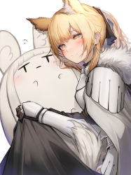 Rule 34 | 1girl, absurdres, animal ear fluff, animal ears, arknights, armor, black bow, blemishine (arknights), blonde hair, bow, commentary request, extra ears, female focus, from side, fur-trimmed armor, fur trim, gauntlets, hair bow, highres, horse ears, horse girl, hug, pauldrons, plate armor, platinum (arknights), ponytail, shoulder armor, simple background, smile, solo, stuffed animal, stuffed toy, sweatdrop, tab head, white background, yellow eyes