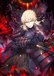 Rule 34 | 1girl, armor, armored dress, artoria pendragon (all), artoria pendragon (fate), blonde hair, blue armor, blue dress, braid, breastplate, dress, excalibur morgan (fate), fate/stay night, fate (series), gabiran, gauntlets, hair between eyes, holding, holding weapon, holy grail (fate), long sleeves, looking at viewer, open mouth, saber alter, short hair, solo, sword, weapon, yellow eyes