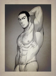 Rule 34 | 1boy, abs, arm behind head, armpits, bara, black eyes, black hair, chest hair, cowboy shot, expressionless, facial hair, foxvulpine, fundoshi, golden kamuy, greyscale, hairy, japanese clothes, large pectorals, loincloth, long sideburns, looking at viewer, male focus, male underwear, monochrome, muscular, navel hair, pectorals, short hair, sideburns, simple background, solo, stubble, tanigaki genjirou, underwear, underwear only, white male underwear