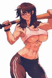 1girl abs absurdres baseball_bat breasts brown_eyes brown_hair commentary_request covered_erect_nipples cowboy_shot dithering glasses gluteal_fold highres holding holding_baseball_bat jaggy_lines korean_commentary large_breasts long_hair muscular muscular_female navel original simple_background solo spoiledmuffin white_background