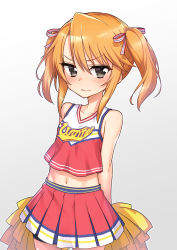 Rule 34 | 1girl, angry, arms behind back, black eyes, blush, check commentary, cheerleader, child, collarbone, commentary request, cowboy shot, frown, hair ribbon, heebee, highres, idolmaster, idolmaster cinderella girls, looking at viewer, medium hair, midriff, navel, orange eyes, pleated skirt, pom pom (cheerleading), print shirt, red shirt, red skirt, ribbon, shirt, shorts, shorts under skirt, sidelocks, skirt, solo, tank top, thighs, twintails, v-shaped eyebrows, white background, yuuki haru