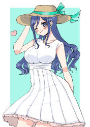 Rule 34 | 1girl, ;), alternate hairstyle, aqua background, artist name, artist request, blue eyes, blue hair, blush, bow, breasts, brown hat, collarbone, curly hair, dress, female focus, green bow, hair between eyes, hat, hat bow, heart, heart (symbol), highres, holding, holding clothes, holding hat, layered skirt, long hair, looking at viewer, love live!, love live! sunshine!!, matsuura kanan, medium breasts, miniskirt, one eye closed, parted lips, plaid, plaid dress, plaid skirt, pleated, pleated dress, pleated skirt, purple eyes, short sleeves, skirt, smile, solo, sun hat, thighhighs, white background, white dress, white skirt, wink