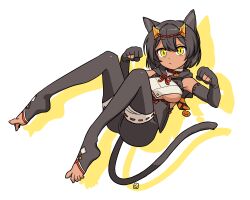Rule 34 | 1girl, animal ears, black gloves, black hair, black shorts, black thighhighs, breasts, cat ears, cat girl, cat tail, closed mouth, colored shadow, commission, dark-skinned female, dark skin, drop shadow, full body, gloves, hair between eyes, hands up, highres, looking at viewer, medium breasts, muu (mumumer), no shoes, original, partially fingerless gloves, paw pose, ribbon-trimmed gloves, ribbon trim, shadow, shorts, simple background, skeb commission, solo, tail, thighhighs, toeless legwear, underboob, white background, yellow eyes