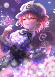 Rule 34 | 1girl, blue hat, blue kimono, blush, bug, butterfly, commentary, flower, frilled kimono, frills, hand fan, hat, highres, holding, holding fan, insect, japanese clothes, kimono, long sleeves, looking at viewer, mehibiki izuha, mob cap, parted lips, pink hair, saigyouji yuyuko, sash, short hair, solo, touhou, triangular headpiece