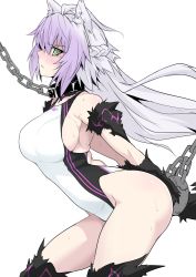 Rule 34 | 1girl, absurdres, agrius metamorphosis, animal ears, arched back, arms behind back, atalanta (fate), atalanta alter (fate), black thighhighs, blush, braid, breasts, chain, chain leash, collar, competition swimsuit, contrapposto, fate/apocrypha, fate (series), from side, green eyes, halcon, highres, large breasts, leash, light purple hair, long hair, one-piece swimsuit, parted lips, profile, restrained, sideboob, simple background, skindentation, solo, standing, sweat, swimsuit, thighhighs, white background