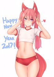 Rule 34 | 1girl, 2017, animal ear fluff, animal ears, bluefield, blush, buruma, closed mouth, covered erect nipples, cowboy shot, crop top, elin, flat chest, fox ears, fox girl, fox tail, gym uniform, happy new year, heart, highres, long hair, looking at viewer, navel, new year, pink hair, purple eyes, shirt, short sleeves, smile, solo, standing, stomach, tail, tera online, thigh gap, tsurime, twintails, v, white shirt