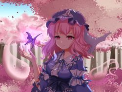 Rule 34 | 1girl, breasts, bug, butterfly, cherry blossoms, frills, hat, highres, hitodama, insect, japanese clothes, looking at viewer, mob cap, petals, pink eyes, pink hair, saigyouji yuyuko, sash, short hair, solo, touhou, tree, triangular headpiece, upper body, wide sleeves, xinning0606