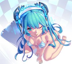 Rule 34 | 1girl, ;p, all fours, aqua eyes, aqua hair, bare shoulders, barefoot, bikini, blue eyes, blush, breasts, dev (dev0614), downblouse, from above, front-tie top, full body, hair ornament, hatsune miku, headphones, highres, long hair, looking at viewer, md5 mismatch, nail polish, one eye closed, open mouth, shiny skin, side-tie bikini bottom, simple background, sitting, smile, solo, strap gap, striped bikini, striped clothes, swimsuit, tongue, tongue out, twintails, very long hair, vocaloid, wariza, wink