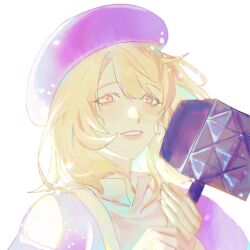 Rule 34 | 1girl, backlighting, beret, blonde hair, dungeon meshi, falin touden, falin touden (tallman), floating hair, gi um, hands up, hashtag-only commentary, hat, highres, holding, holding mallet, jacket, looking at viewer, mallet, meat tenderizer, medium hair, portrait, purple hat, purple jacket, simple background, smile, solo, white background, yellow eyes