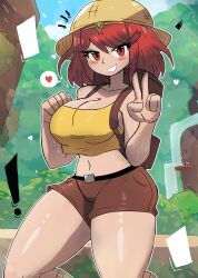 Rule 34 | !, 1girl, absurdres, backpack, bag, belt, black belt, blush, breasts, brown shorts, bush, cleavage, cloud, collarbone, crop top, grin, hat, headgear, heart, highres, jungle, kneehighs, large breasts, looking at viewer, midriff, nature, navel, nintendo, pyra (xenoblade), red eyes, red hair, safari hat, shirt, short hair, shorts, sky, sleeveless, sleeveless shirt, smile, socks, sparkle, speech bubble, spoken heart, standing, teeth, thick thighs, thighs, tony welt, tree, v, water, waterfall, white socks, xenoblade chronicles (series), xenoblade chronicles 2, yellow shirt