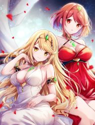 Rule 34 | 2girls, alternate costume, armlet, bare shoulders, blonde hair, breasts, chest jewel, cleavage, collarbone, commentary request, core crystal (xenoblade), dress, earrings, falling petals, formal, highres, jewelry, large breasts, long hair, looking at viewer, multiple girls, mythra (xenoblade), petals, pyra (xenoblade), red dress, red eyes, red hair, short hair, sitting, smile, strapless, strapless dress, swept bangs, tiara, ui frara, white dress, xenoblade chronicles (series), xenoblade chronicles 2, yellow eyes