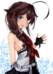 Rule 34 | 1girl, ;d, absurdres, ahoge, arm behind back, black gloves, black shirt, black skirt, blue eyes, braid, breasts, brown hair, collared shirt, commentary request, fingerless gloves, floral background, from side, gloves, grey shirt, hair flaps, hair ornament, hair over shoulder, hairpin, hand up, highres, himura moritaka, kantai collection, long hair, looking at viewer, medium breasts, necktie, one eye closed, open mouth, pleated skirt, red necktie, shigure kai san (kancolle), shirt, sideboob, simple background, single braid, skirt, sleeveless, sleeveless shirt, smile, solo, two-tone shirt, waving