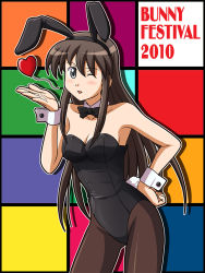 Rule 34 | 10s, 1girl, 2010, animal ears, armpits, bare shoulders, black hair, black pantyhose, blowing kiss, blush, bow, bowtie, breasts, brown hair, cleavage, detached collar, fake animal ears, female focus, green eyes, grey eyes, hand on own hip, heart, highres, kiss, leotard, lielos, long hair, looking at viewer, one eye closed, open mouth, original, pantyhose, playboy bunny, rabbit ears, rabbit tail, sidelocks, solo, standing, tail, wink, wrist cuffs