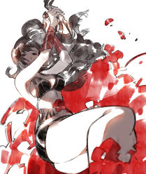 Rule 34 | 1girl, armpits, arms up, black hair, black shorts, breasts, feet out of frame, holding, holding knife, knife, limited palette, long hair, looking at viewer, original, parted lips, shorts, sideboob, solo, thighs, umishima senbon