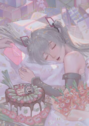 Rule 34 | 1girl, 1other, absurdres, birthday cake, box, cake, character doll, chinese commentary, closed eyes, commentary request, confetti, detached sleeves, english text, facing viewer, flower, food, gift, gift box, goldenfish, green hair, hair between eyes, hair ornament, happy birthday, hatsune miku, hatsune miku (vocaloid4), highres, holding, holding letter, letter, long hair, long sleeves, lying, on stomach, open mouth, out of frame, red flower, sleeping, solo focus, spring onion, twintails, vocaloid