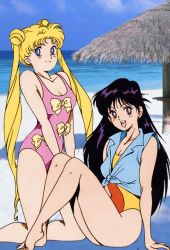 Rule 34 | 1990s (style), 2girls, arm support, barefoot, beach, bishoujo senshi sailor moon, black hair, blonde hair, blue eyes, earrings, hino rei, horizon, jewelry, kneeling, long hair, looking at viewer, multiple girls, ocean, on ground, one-piece swimsuit, outdoors, retro artstyle, sand, sitting, sky, smile, swimsuit, swimsuit under clothes, tsukino usagi, twintails, v arms, very long hair, water