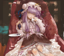 Rule 34 | 1girl, :p, book, bookmark, bow, brown eyes, bun cover, capelet, chair, coat, couch, crescent, crescent hair ornament, crescent moon, crescent pin, double bun, dress, female focus, food, frills, fruit, fuyuno haruaki, grapes, grey eyes, hair bow, hair bun, hair ornament, hair ribbon, hat, holding, holding food, holding fruit, long hair, long sleeves, looking at viewer, mob cap, moon, open book, open clothes, open coat, open robe, patchouli knowledge, plate, purple dress, purple hair, ribbon, robe, sitting, solo, staring, striped clothes, striped dress, tongue, tongue out, touhou, tress ribbon, very long hair
