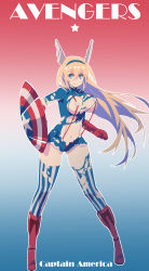 Rule 34 | 1girl, absurdres, avengers (series), bad id, bad pixiv id, blonde hair, blue eyes, boots, breasts, captain america, character name, full body, gauntlets, genderswap, genderswap (mtf), gradient background, hairband, highres, large breasts, long hair, looking to the side, marvel, navel, patterned legwear, pouch, shield, smile, solo, star (symbol), steve rogers, striped clothes, striped thighhighs, thighhighs, torn clothes, vertical-striped clothes, vertical-striped thighhighs, zhuxiao517
