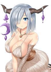 Rule 34 | 1girl, bandages, bare shoulders, blue eyes, breasts, cleavage, cosplay, danua, danua (cosplay), draph, dress, female focus, granblue fantasy, hair ornament, hair over one eye, hamakaze (kancolle), highres, horn ornament, horns, jewelry, kantai collection, large breasts, looking at viewer, necklace, pointy ears, seiza, short hair, silver hair, simple background, sin (kami148), sitting, solo, spaghetti strap, v arms, white background, white dress