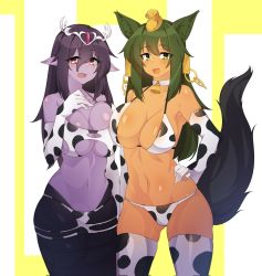 Rule 34 | 2girls, :d, animal ears, animal print, anubis (monster girl encyclopedia), apophis (monster girl encyclopedia), bare shoulders, bell, bikini, black hair, breast press, breasts, choker, cleavage, clothing cutout, collarbone, colored skin, commentary, cow print, dark-skinned female, dark skin, elbow gloves, english commentary, eyes visible through hair, fang, gloves, gold, green eyes, green hair, hair between eyes, hand on own hip, highres, jackal ears, jackal tail, lamia, large breasts, long hair, looking at viewer, monster girl, monster girl encyclopedia, multiple girls, navel, neck bell, open mouth, pointy ears, print bikini, print gloves, purple skin, red eyes, second-party source, silver, simple background, skin fang, smile, stomach, swimsuit, tail, tilt-shift (azalanz), underboob, underboob cutout, white choker