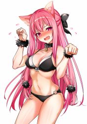 Rule 34 | 1girl, animal ears, bell, bikini, black bikini, black bow, blush, bow, bow bikini, breasts, character request, cleavage, collar, collarbone, cowboy shot, embarrassed, fox ears, hair bow, hair ornament, looking at viewer, medium breasts, navel, neck bell, o-ring, o-ring bikini, open mouth, pink eyes, pink hair, simple background, solo, standing, swimsuit, white background, wrist cuffs, yodare (3yami8)