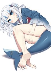 Rule 34 | 1girl, barefoot, between legs, blue eyes, blue hair, blue hoodie, closed mouth, commentary request, drawstring, feet, fins, fish tail, full body, gawr gura, gawr gura (1st costume), hair ornament, highres, hololive, hololive english, hood, hood down, hoodie, long hair, long sleeves, looking at viewer, lying, multicolored hair, on side, shadow, shark tail, silver hair, simple background, smile, soles, solo, streaked hair, tail, tail between legs, thighs, two side up, virtual youtuber, wagashi928, white background, wide sleeves