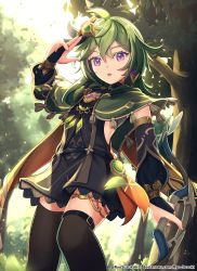 Rule 34 | 1girl, absurdres, artist name, black dress, bow (weapon), capelet, collei (genshin impact), commentary, cowboy shot, detached sleeves, dress, genshin impact, green capelet, green hair, hair ornament, hand up, high collar, highres, holding, holding bow (weapon), holding weapon, long sleeves, looking at viewer, medium hair, open mouth, puffy long sleeves, puffy sleeves, purple eyes, ryo-suzuki, short dress, solo, thighhighs, tree, weapon, zettai ryouiki