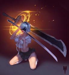 Rule 34 | 1girl, black blindfold, black skirt, blindfold, bob cut, breasts, cleavage, closed mouth, full body, headband, highres, holding, holding sword, holding weapon, katana, lips, lipstick, makeup, navel, nier:automata, nier (series), no shoes, shirt, short hair, short sleeves, skirt, smile, solo, sword, weapon, white hair, white legwear, white shirt, 2b (nier:automata), zhanghan