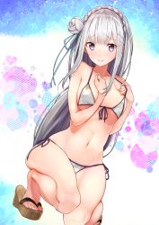 Rule 34 | 10s, 1girl, absurdres, arm between breasts, baffu, bare arms, bare legs, bare shoulders, between breasts, bikini, blue ribbon, blunt bangs, blush, braid, breasts, closed mouth, collarbone, crown braid, emilia (re:zero), eyebrows, flower, front-tie top, geta, hair flower, hair ornament, hair ribbon, hand on own chest, highres, kneeling, large breasts, long hair, looking at viewer, navel, no legwear, no socks, on one knee, platform footwear, pulling own clothes, purple eyes, purple ribbon, re:zero kara hajimeru isekai seikatsu, ribbon, sandals, side-tie bikini bottom, silver hair, smile, solo, star (symbol), stomach, strap pull, swimsuit, toes, white flower