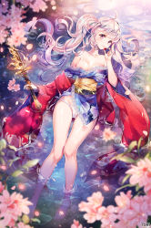 Rule 34 | 1girl, bad id, bad pixiv id, barefoot, blade &amp; soul, blonde hair, blush, breasts, cherry blossoms, flower, holding, japanese clothes, kimono, legs, long hair, looking at viewer, lying, medium breasts, nipples, no bra, obi, off shoulder, on back, panties, partially submerged, petals, pink eyes, sash, short kimono, side-tie panties, solo, sword, thigh gap, tobi (mue86), twintails, underwear, water, weapon, white panties