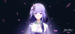 Rule 34 | 1girl, absurdres, artist logo, black background, blunt bangs, blush, chinese commentary, closed mouth, commentary request, darkcatowo, falling petals, genshin impact, hair ornament, highres, japanese clothes, kimono, long hair, looking at viewer, makoto (genshin impact), petals, purple eyes, purple hair, purple kimono, sidelocks, smile, solo, upper body