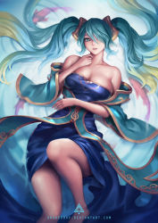 Rule 34 | 1girl, aqua eyes, aqua hair, bare shoulders, breasts, cleavage, curvy, hair over one eye, highres, large breasts, league of legends, looking at viewer, oopartz yang, parted lips, solo, sona (league of legends), thighs, wide hips