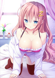 Rule 34 | 1girl, all fours, black thighhighs, blue eyes, breasts, cleavage, clock, collarbone, covered erect nipples, curtains, flower, hair between eyes, hair ornament, hairclip, large breasts, long hair, looking at viewer, official art, on bed, original, pink hair, shirt, shiwasu horio, solo, thighhighs, vase, white shirt