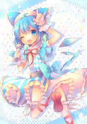 Rule 34 | 1girl, blue eyes, blue hair, bow, cirno, coa (chroo x), gradient background, hair bow, ice, ice wings, leg lift, m/, matching hair/eyes, microphone, one eye closed, polka dot, polka dot background, sash, solo, striped, striped background, touhou, wings