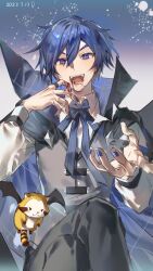 Rule 34 | 1boy, bat wings, blood, blood from mouth, blood on hands, blue eyes, blue hair, blue nails, commentary, crossed legs, dated, double-parted bangs, fangs, fingernails, grey pants, hand up, high collar, highres, jewelry, kaito (vocaloid), kazemi arashi, long sleeves, looking at viewer, male focus, open mouth, pants, raccoon, ring, short hair, sitting, solo, teeth, vocaloid, wings