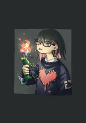 Rule 34 | 1girl, @ @, ahoge, animal, bags under eyes, black border, black hair, black sweater, blush, border, breath weapon, breathing fire, bulging eyes, chiyo maru, cigarette, colored inner hair, commentary request, fire, glasses, grey background, grey eyes, heart, highres, holding, holding animal, layered clothes, lighter, lighting cigarette, lizard, looking at animal, medium hair, mouth hold, multicolored hair, original, patch, patchwork clothes, pink hair, scowl, shirt, shoulder patch, smoking, solo, squeezing, squinting, sweater, upper body, white shirt