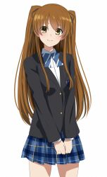Rule 34 | 1girl, black jacket, blazer, blue bow, blue bowtie, blue skirt, bow, bowtie, brown eyes, brown hair, closed mouth, collared shirt, cowboy shot, dars (recolors), diagonal-striped bow, diagonal-striped bowtie, diagonal-striped clothes, highres, jacket, long hair, long sleeves, looking at viewer, ogiso setsuna, plaid, plaid skirt, school emblem, shirt, simple background, skirt, smile, solo, standing, striped clothes, two side up, white album (series), white album 2, white background, white shirt