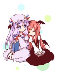 Rule 34 | 2girls, alternate eye color, aqua eyes, arm garter, bat wings, book, buttons, closed eyes, crescent, dress, dress shirt, female focus, hair ribbon, hat, head wings, holding, holding book, juliet sleeves, koakuma, leaning on person, long hair, long sleeves, low-tied long hair, low wings, multiple girls, necktie, neko yume, open book, patchouli knowledge, pointy ears, puffy sleeves, purple dress, purple hair, red hair, ribbon, shirt, simple background, sitting, skirt, skirt set, sleeping, striped clothes, striped dress, touhou, tress ribbon, v arms, vest, white shirt, wide sleeves, wings