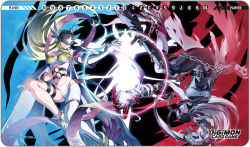 Rule 34 | 3girls, angel, angel girl, angel wings, angewomon, armor, bare shoulders, belt, blonde hair, breastplate, breasts, chain, claws, clothing cutout, colored skin, demon girl, digimon, digimon (creature), digimon card game, fingernails, gloves, grey hair, grey skin, helmet, hidden eyes, ladydevimon, large breasts, long fingernails, long hair, mask, mastemon, multiple girls, official art, silhouette, skin tight, sleeveless, stomach cutout, tagme, tonami kanji, wings